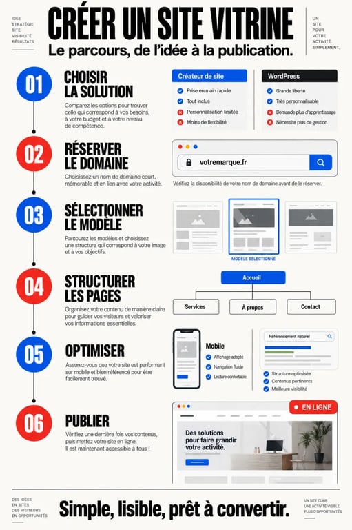 Étapes pour créer un site vitrine professionnel, du choix de l'outil à la mise en ligne