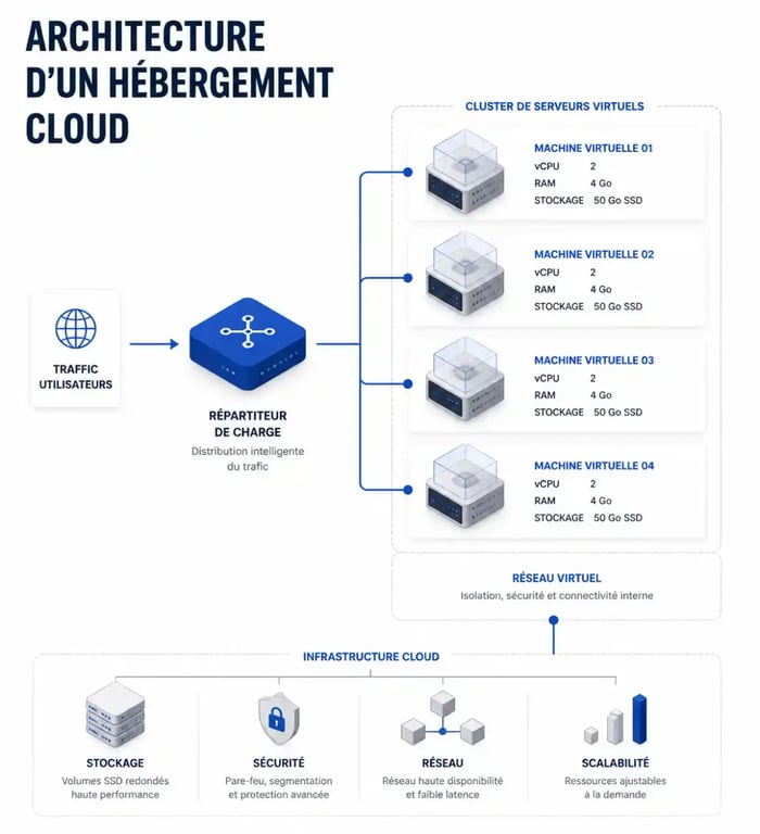 Schéma d'architecture cloud hosting avec cluster de serveurs et répartition de charge