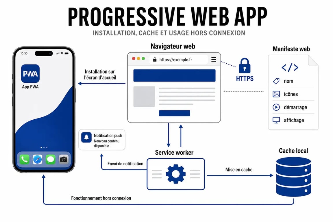 Schéma d’une progressive web app avec manifeste, service worker, HTTPS et notifications push