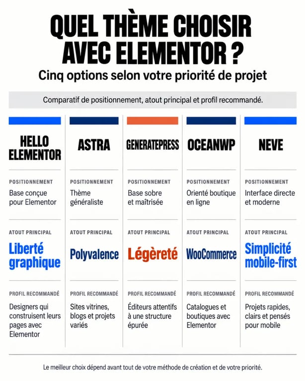 Infographie comparative du meilleur thème avec Elementor : Hello Elementor, Astra, GeneratePress, OceanWP et Neve
