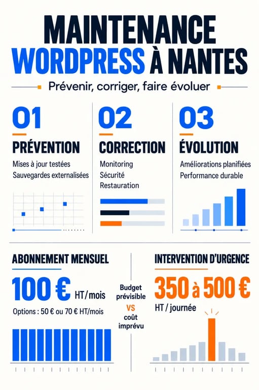 Infographie sur la maintenance site WordPress Nantes : sécurité, sauvegardes, monitoring et comparaison des coûts