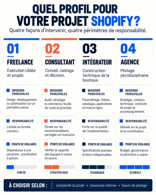 Infographie des profils d’un expert Shopify : freelance, consultant, intégrateur et agence