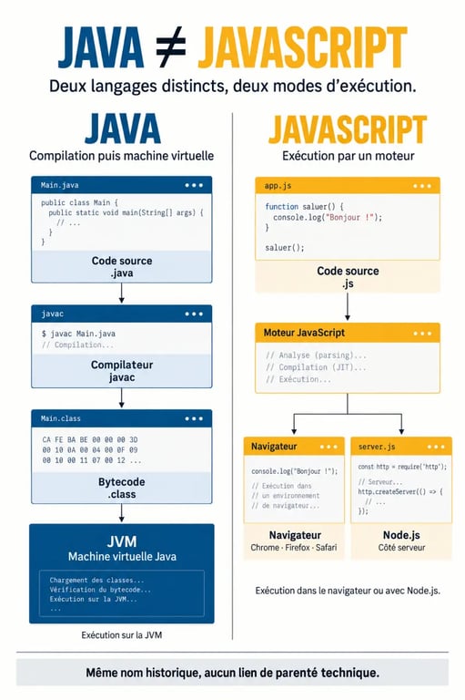 Différence entre Java et JavaScript : compilation vers la JVM pour Java et exécution par un moteur JavaScript