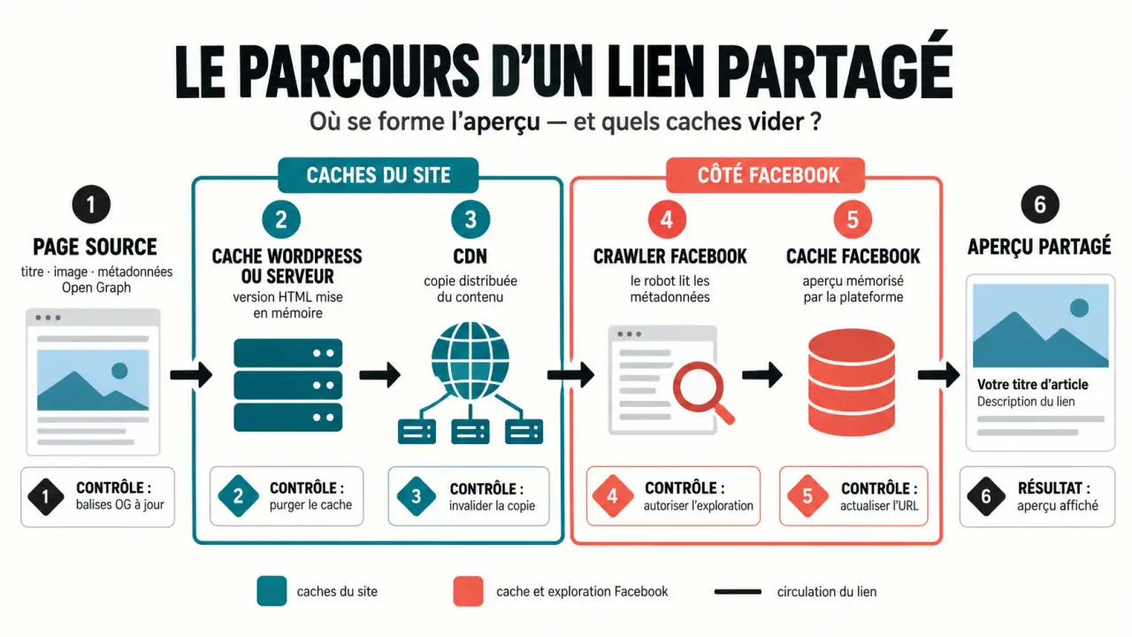 Infographie du debug facebook montrant le parcours des caches jusqu’à l’aperçu partagé