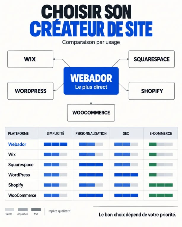 Avis Webador et comparaison avec Wix, Squarespace, WordPress, Shopify et WooCommerce
