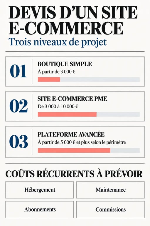 Devis site e-commerce : infographie des budgets de création et des coûts récurrents
