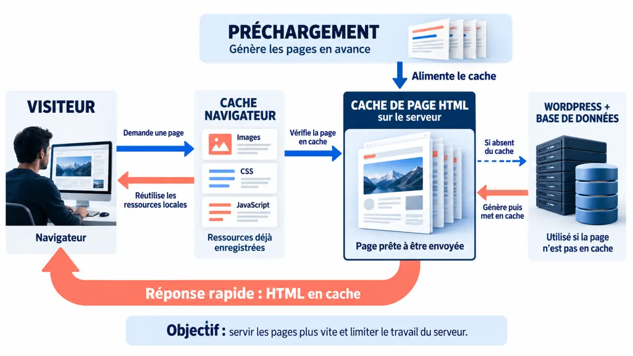 Schéma du fonctionnement de WP Rocket entre cache navigateur, cache serveur et préchargement