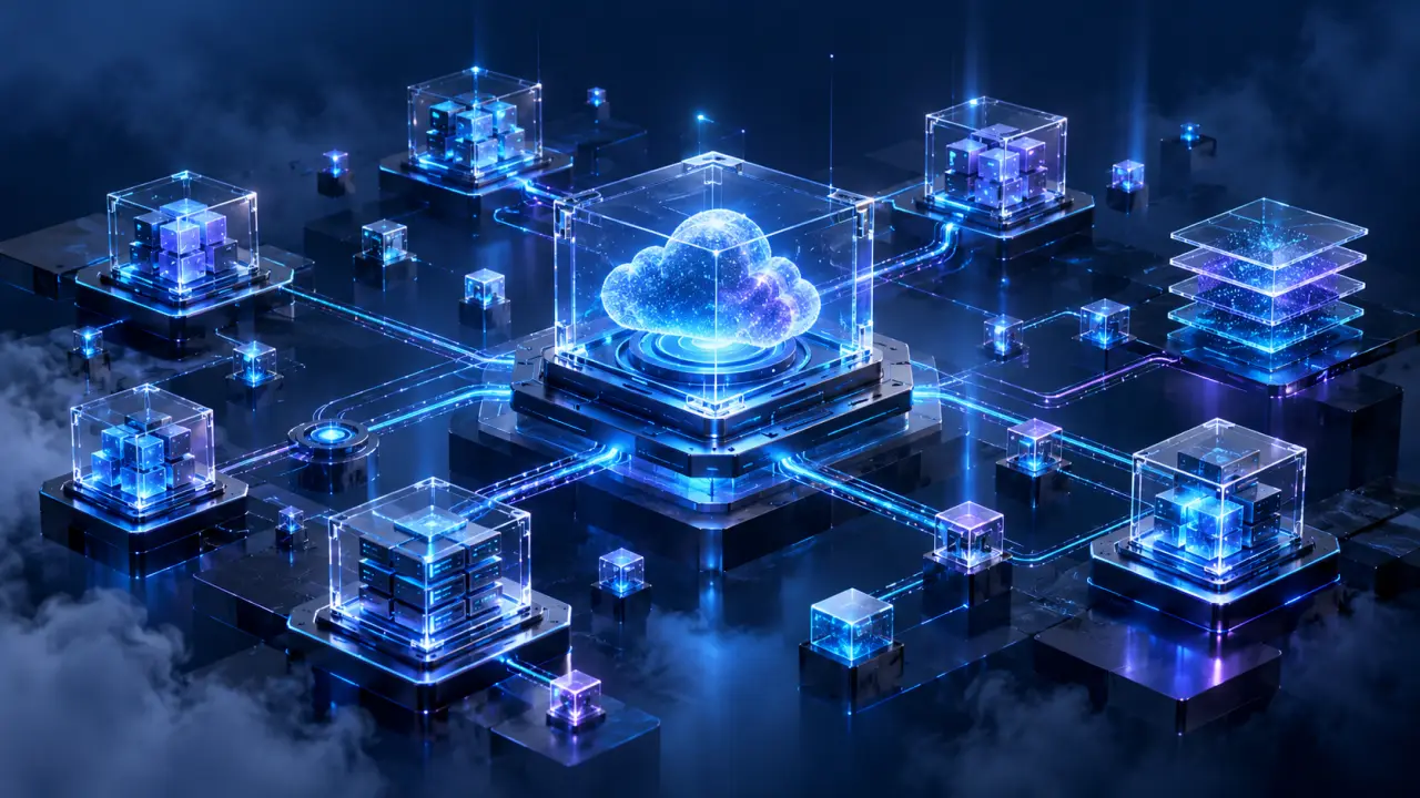 Visualisation futuriste d'une architecture cloud-native composée de modules connectés