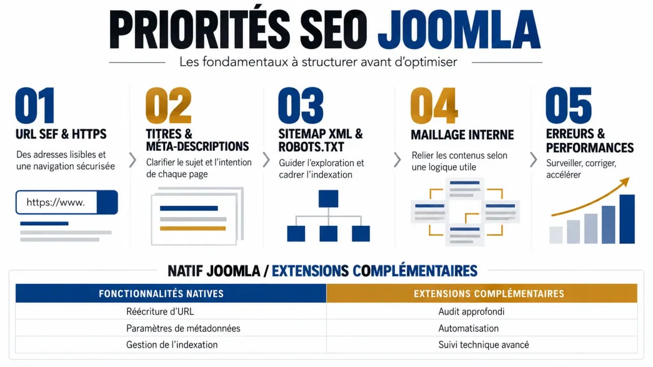 Infographie des réglages prioritaires pour le SEO Joomla