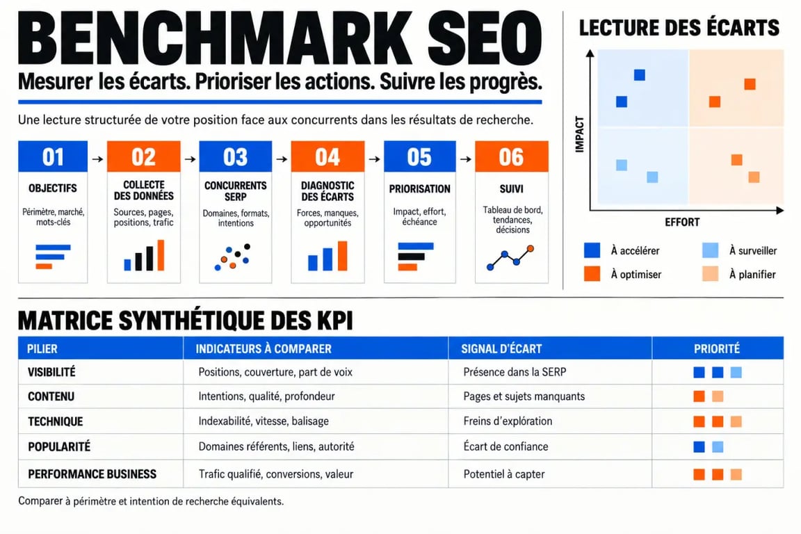 Infographie du processus de benchmark SEO et des principaux KPI à comparer