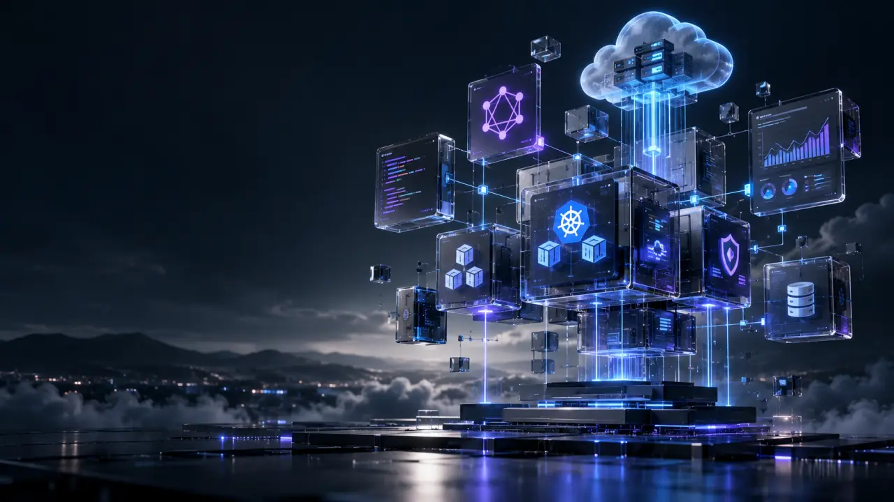 Visualisation futuriste d’une architecture web composable connectant des services cloud
