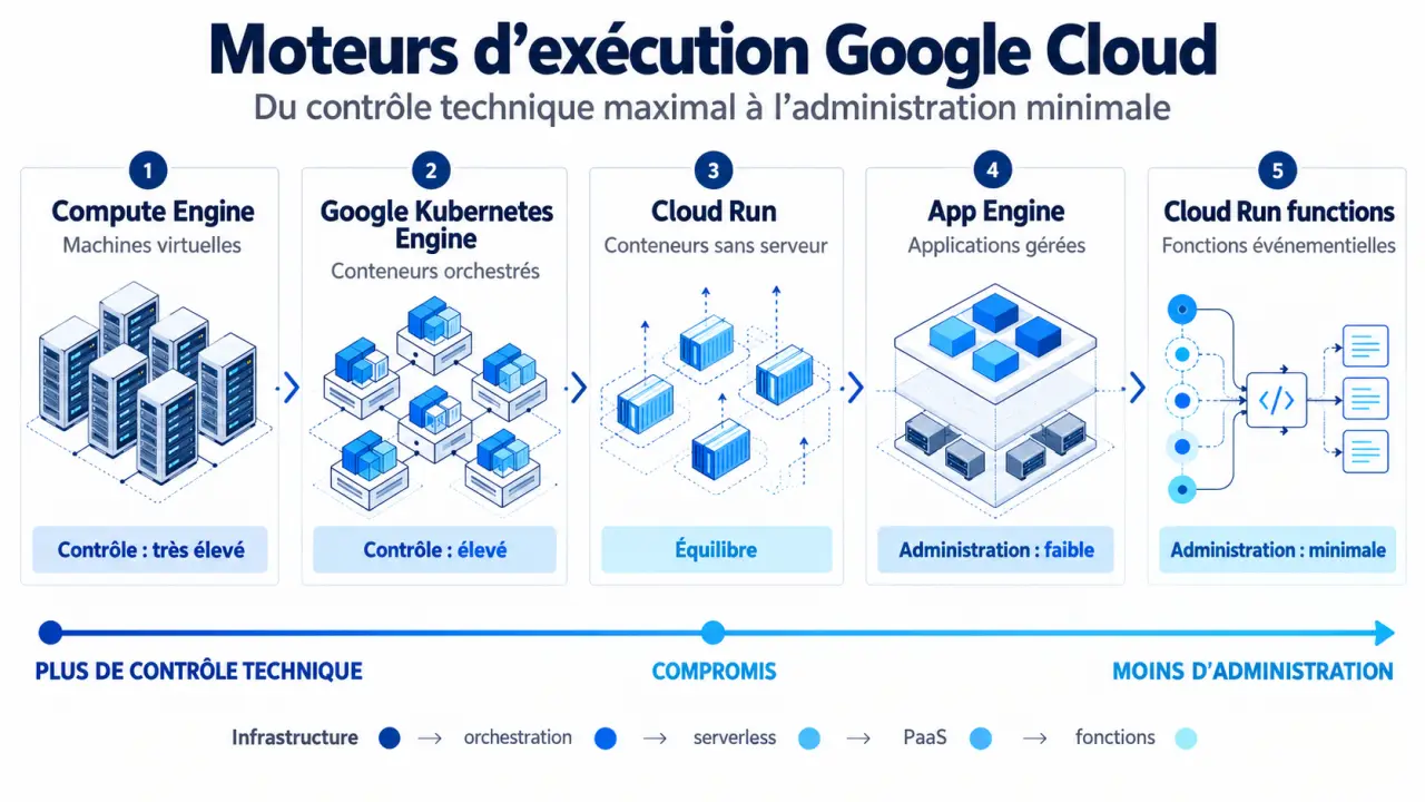 Infographie des principaux services Google Cloud Computing pour choisir un moteur d’exécution