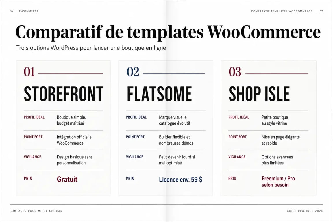 Comparatif woocommerce wordpress template : Storefront, Flatsome et Shop Isle