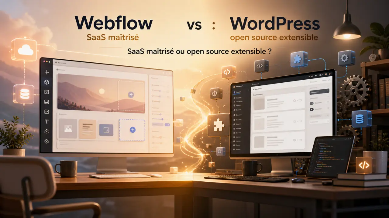 Webflow vs WordPress : SaaS maîtrisé ou open source extensible ?