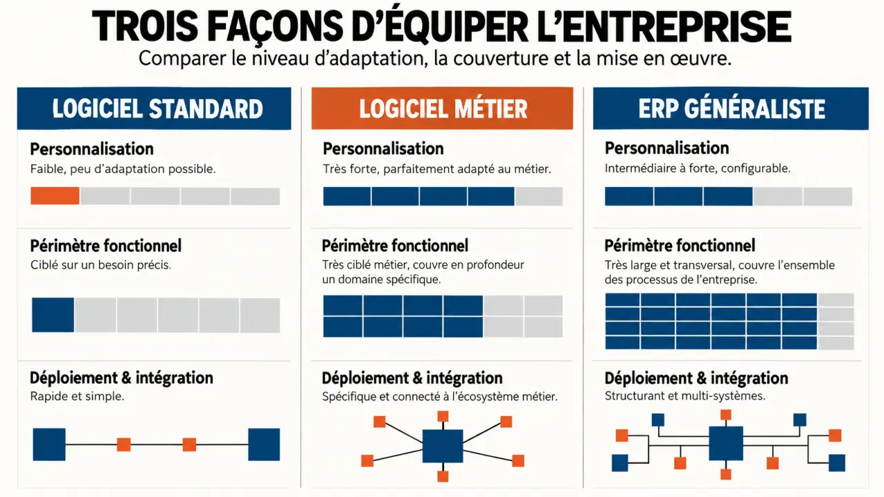 Infographie comparant un logiciel métier, un logiciel standard et un ERP généraliste