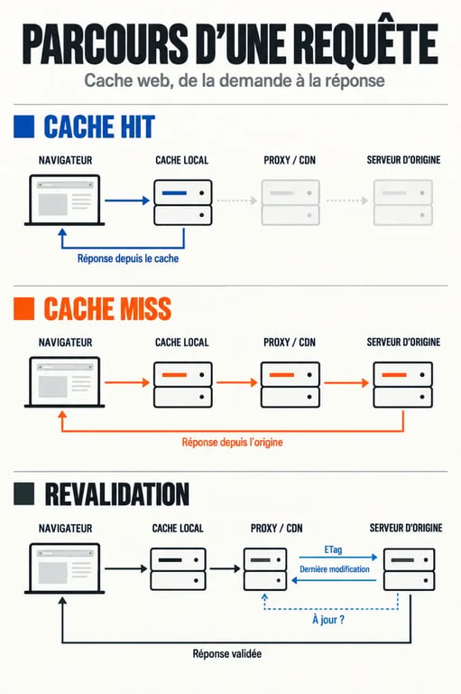Schéma du caching web pages entre navigateur, CDN, proxy et serveur d’origine
