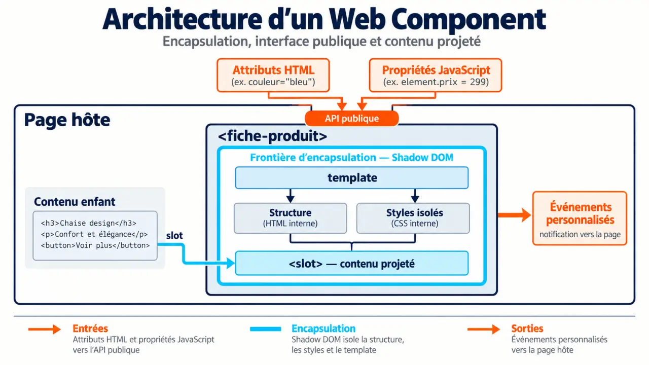 Schéma explicatif d’un webcomponent avec Custom Elements, Shadow DOM, template et slot