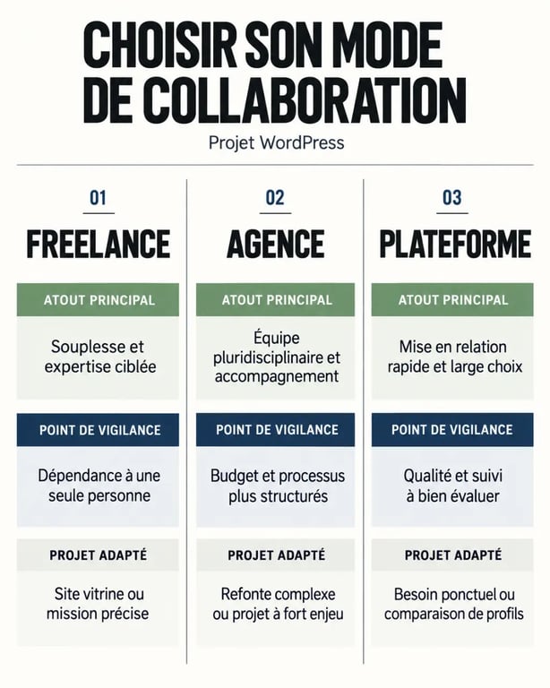 Freelance WordPress, agence ou plateforme : comparaison des modes de collaboration