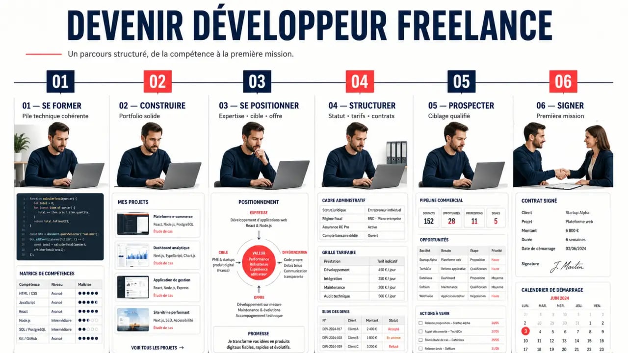 Parcours pour devenir développeur freelance, de la formation à la première mission
