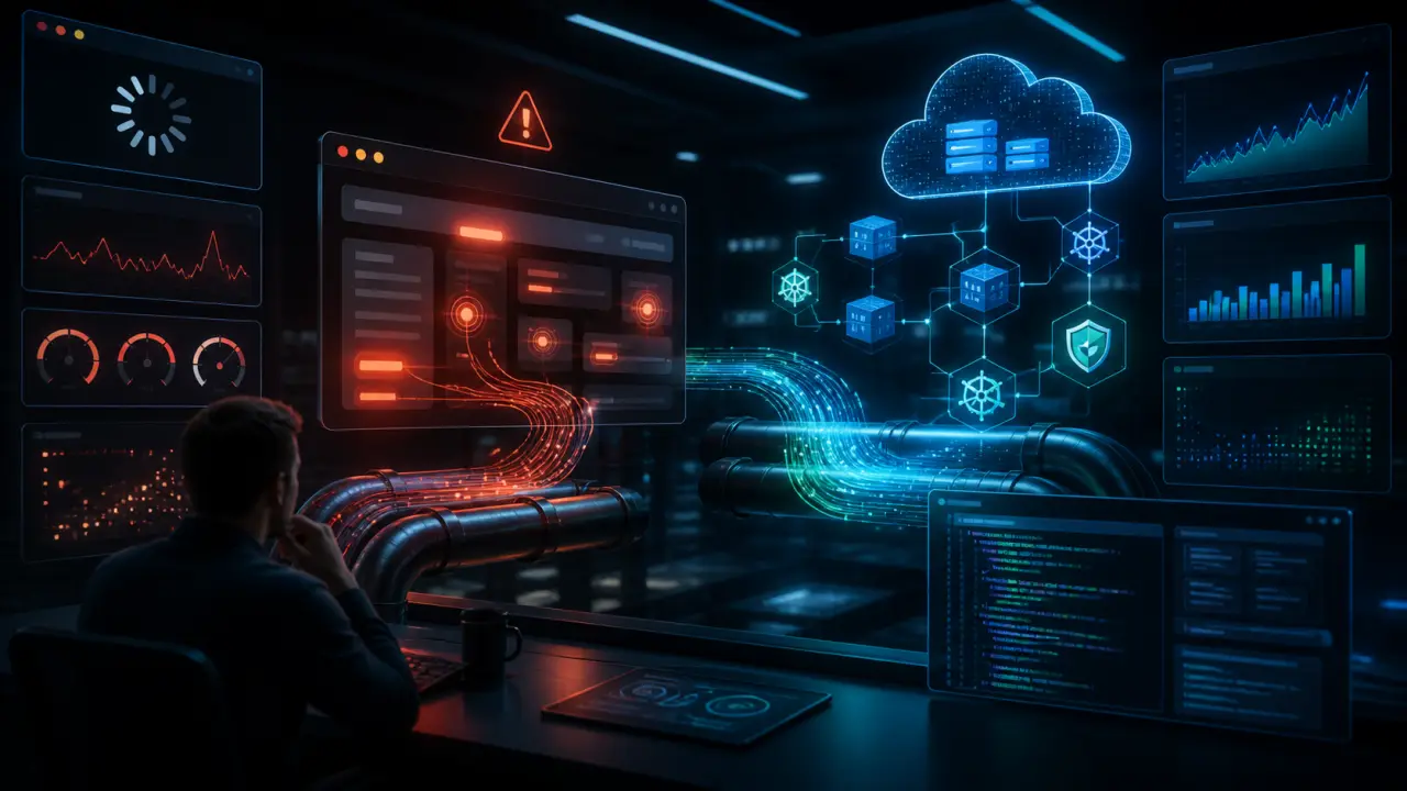 Visualisation futuriste d'un flux de données traversant des serveurs et des blocs de code