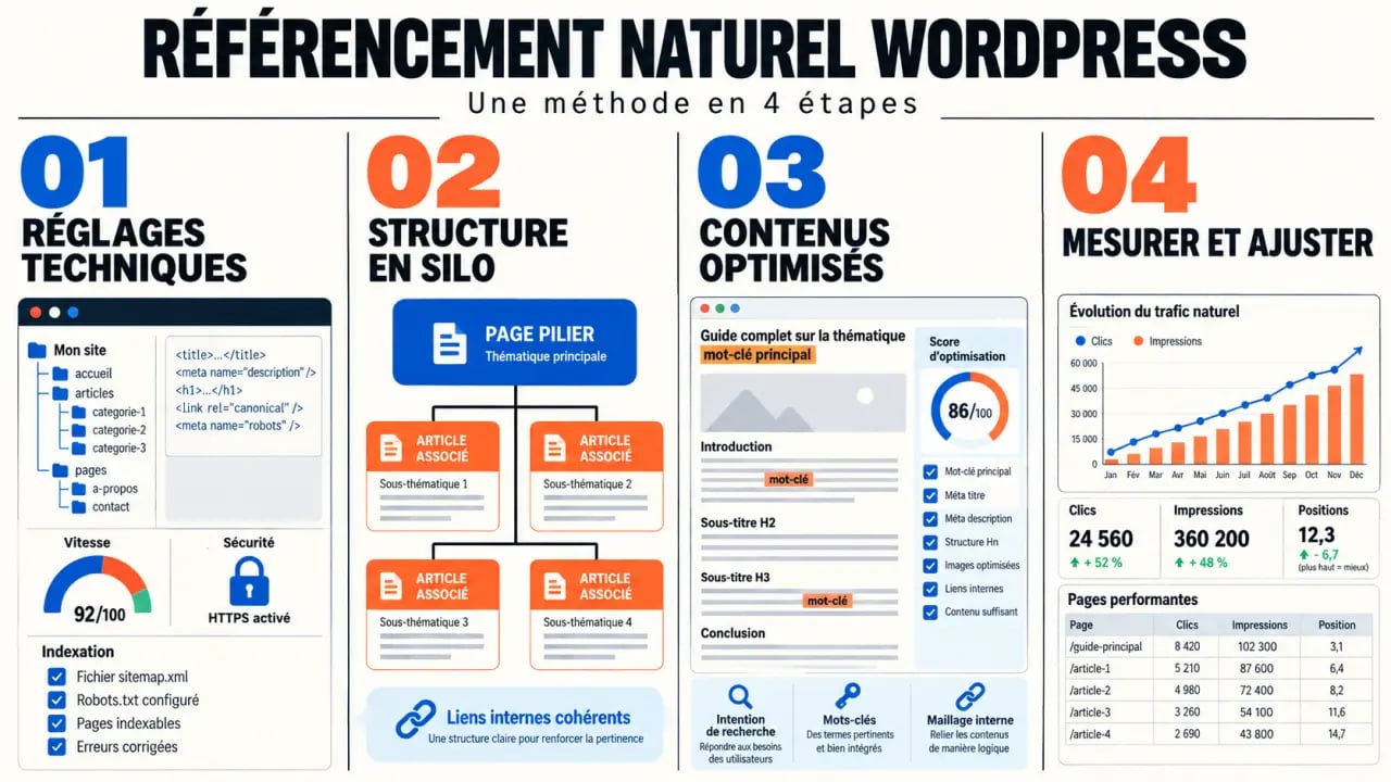 Processus de référencement naturel WordPress avec réglages techniques, arborescence, contenus et suivi SEO