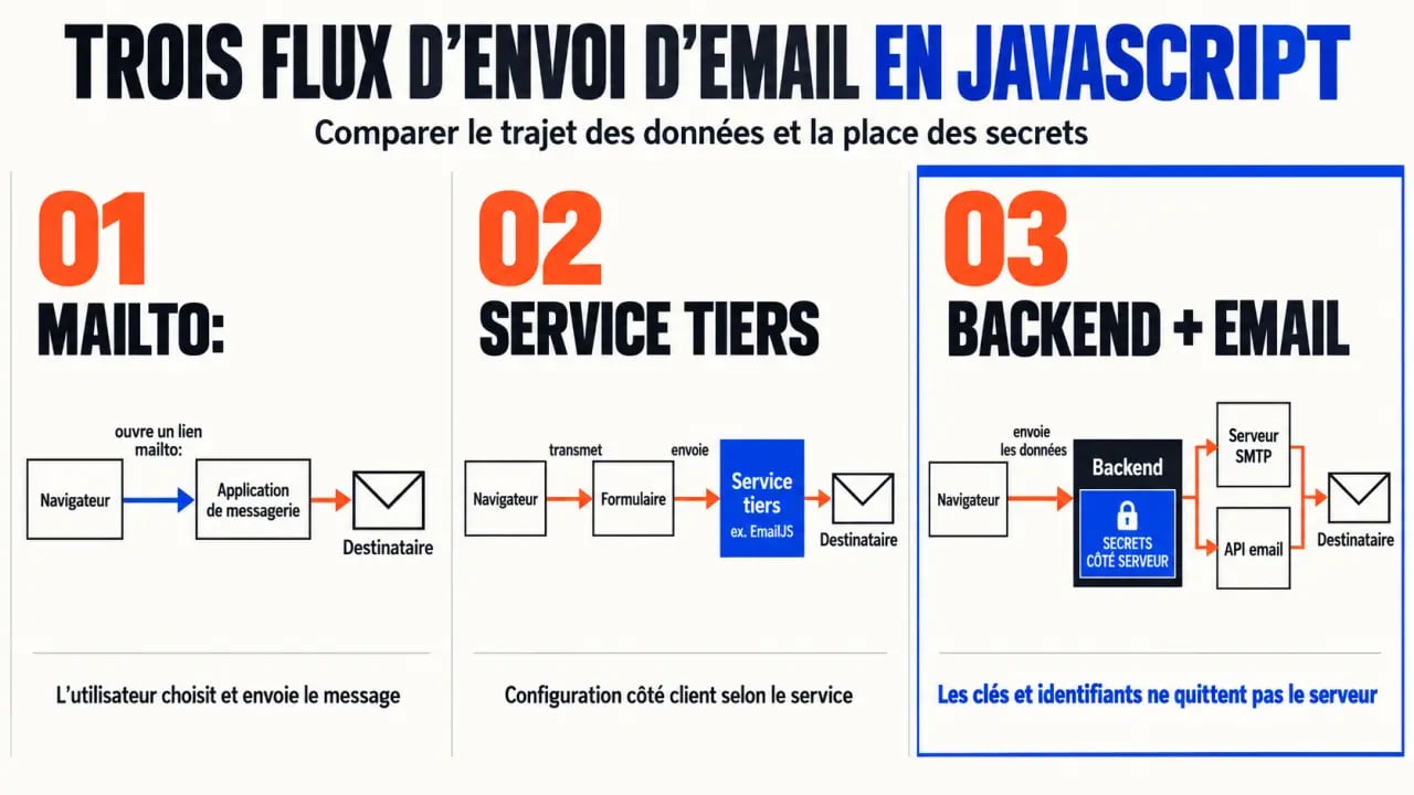 Schéma des méthodes d'envoi d'un email JavaScript avec mailto, EmailJS et backend