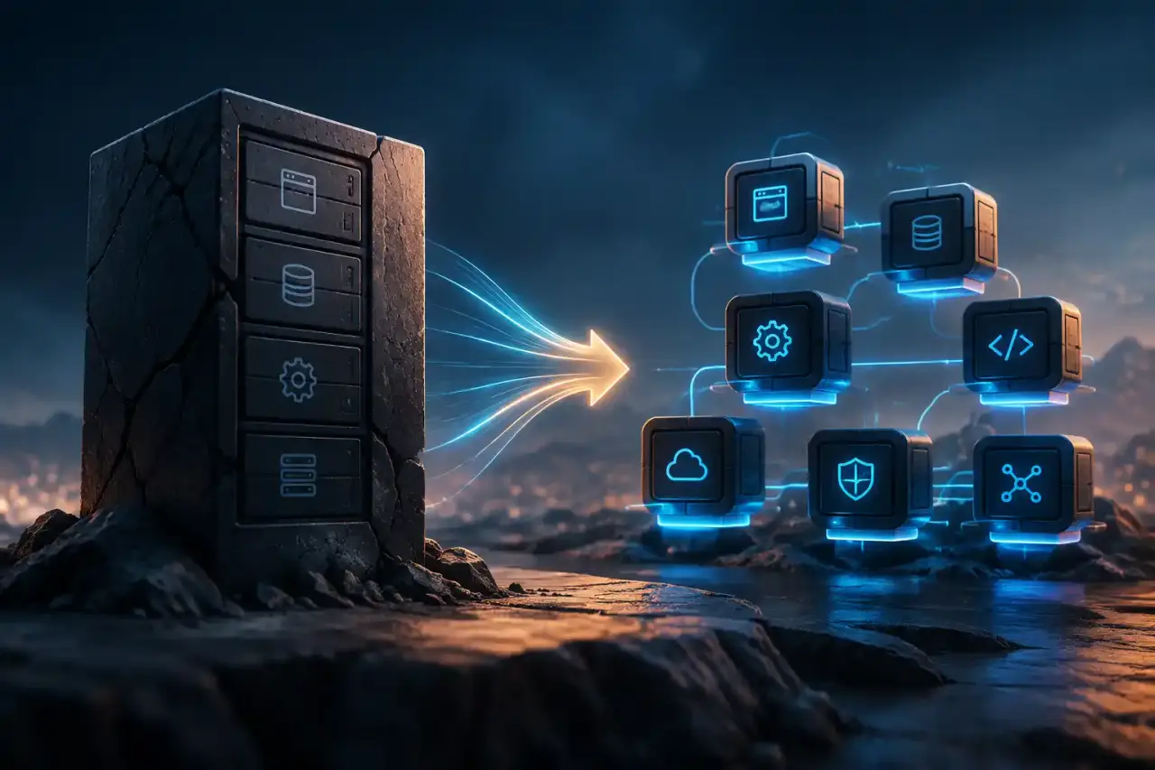 Architecture cloud représentant un monolithe évoluant vers plusieurs microservices